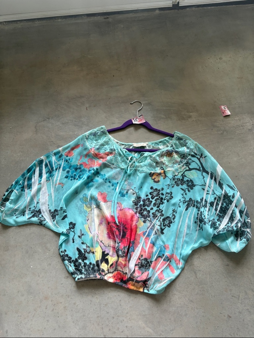 Arden B Aqua Floral Tie-Neck Crop Top